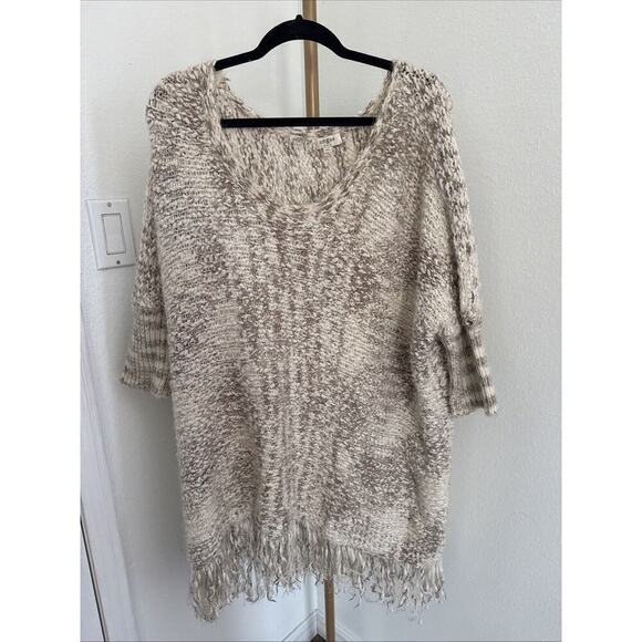 Umgee Cream Mocha Fringe Chunky Fuzzy Cozy Knit Sweater Size M/L - Picture 1 of 6